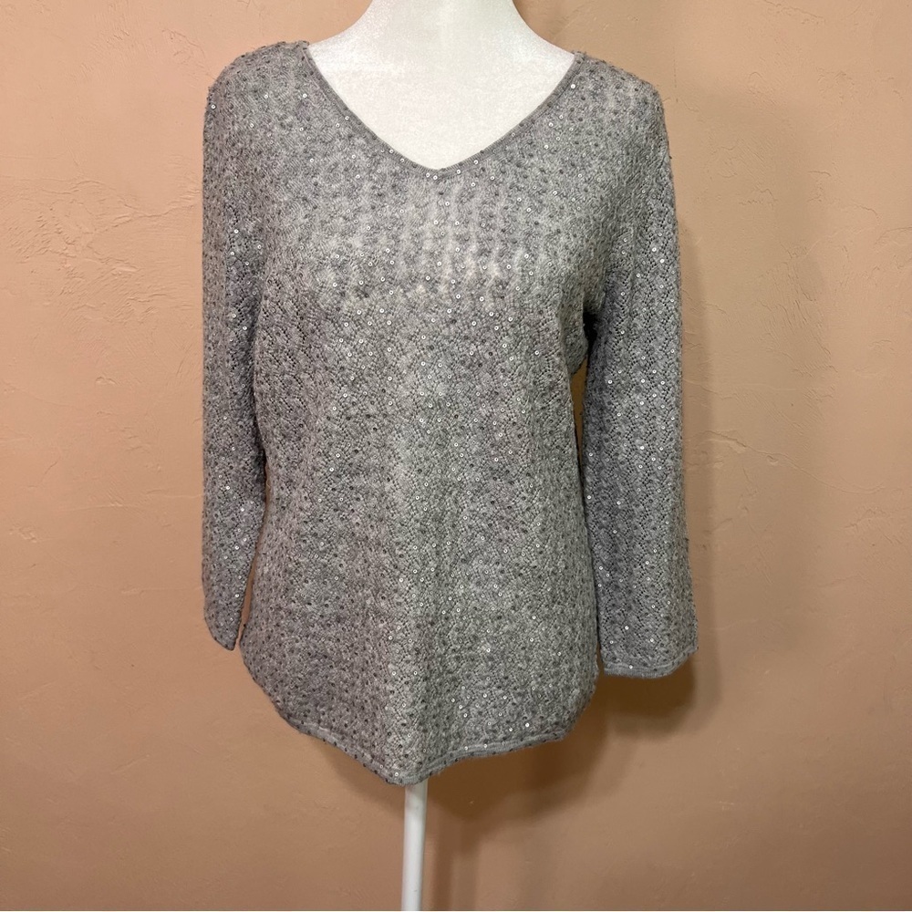 VTG Y2K Wool Blend Gray Sequin v-Neck Pullover Sweater Coldwater Creek Wmns Sz S